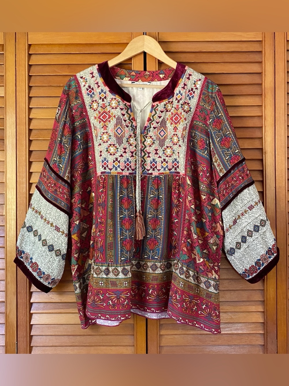 John Mark XL Embroidered Floral Southwestern Tie Neck Top Blouse Shirt Tunic